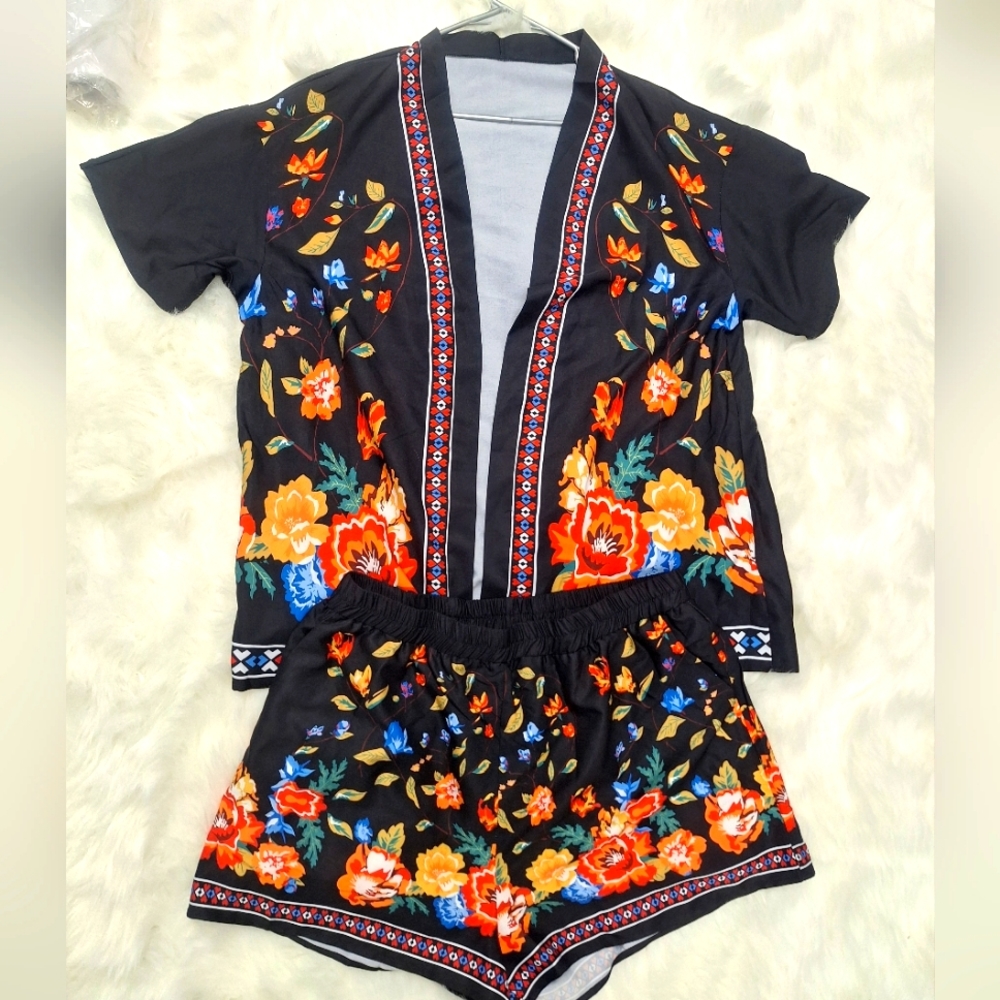 2pc shirt and short set- Black and floral- NWOT